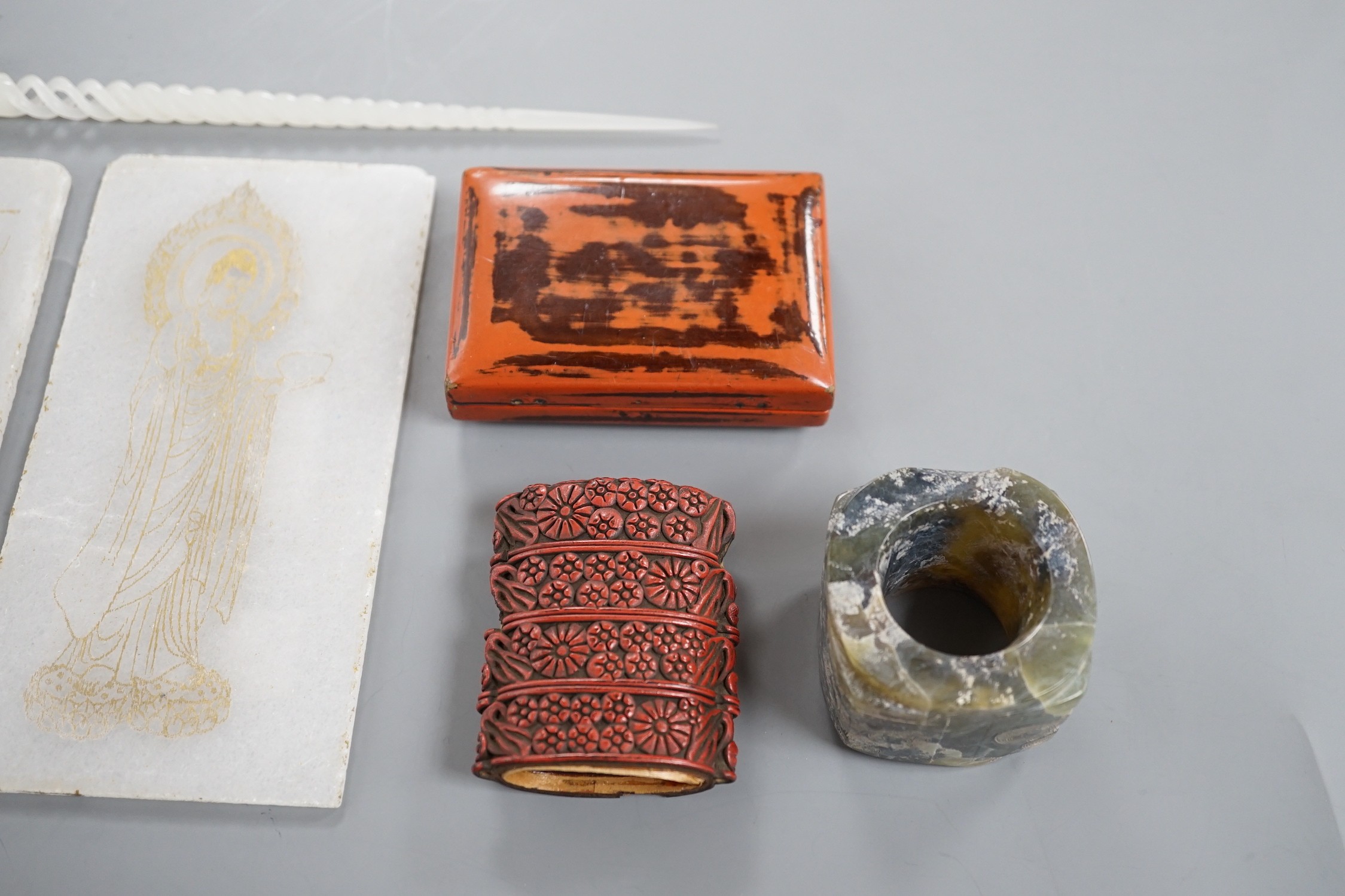 A group of Chinese jade, lacquer items, a hair pin, and two inscribed tablets